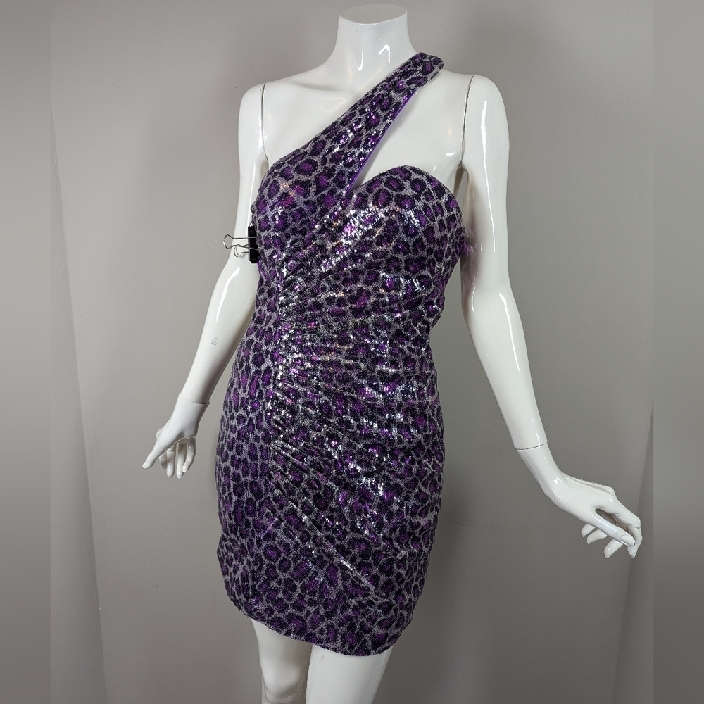 Y2K Xtreme Purple Leopard Sequin One Shoulder Mini Dress Sz 6